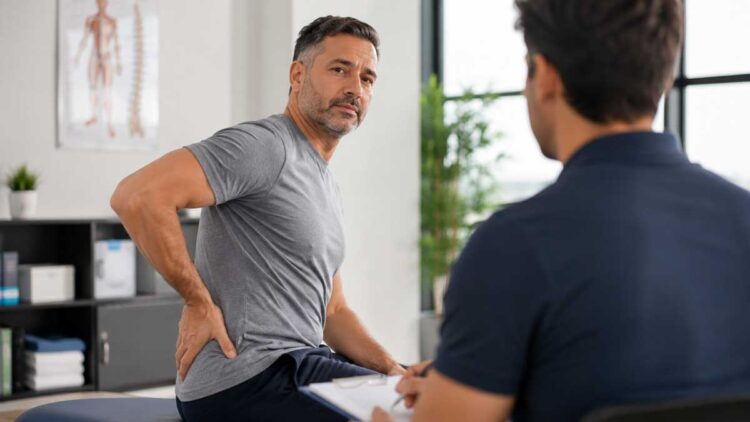 Patient discussing back hip and leg pain with a wellness provider in Glenelg MD