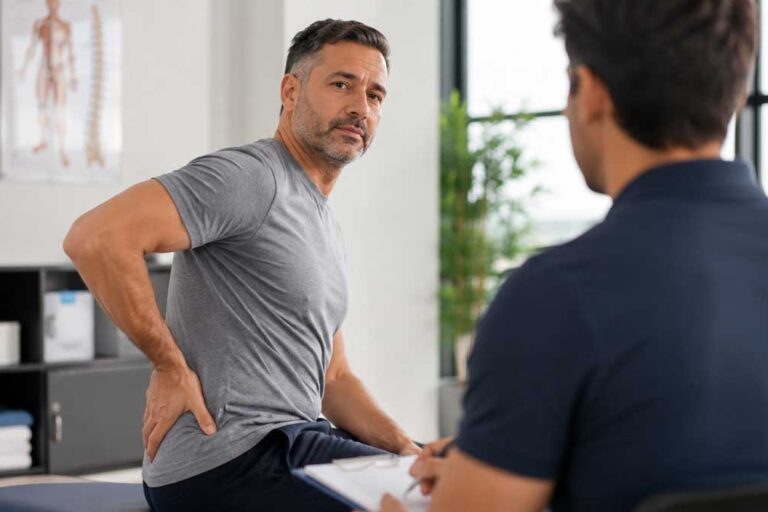 Patient discussing back hip and leg pain with a wellness provider in Glenelg MD