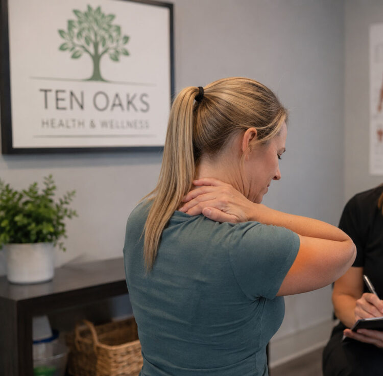 Patient-discussing-recurring-muscle-tightness-with-a-wellness-provider-in-Glenelg-MD Patient discussing recurring muscle tightness with a wellness provider in Glenelg MD