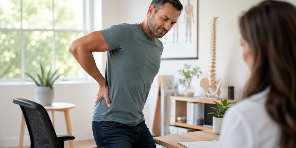 Patient-with-back-pain-after-sitting-speaking-with-a-wellness-provider-in-Glenelg-MD Patient with back pain after sitting speaking with a wellness provider in Glenelg MD