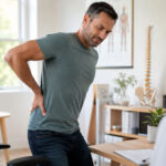 Patient with back pain after sitting speaking with a wellness provider in Glenelg MD