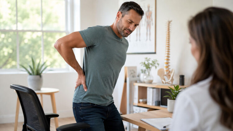 Patient-with-back-pain-after-sitting-speaking-with-a-wellness-provider-in-Glenelg-MD Patient with back pain after sitting speaking with a wellness provider in Glenelg MD