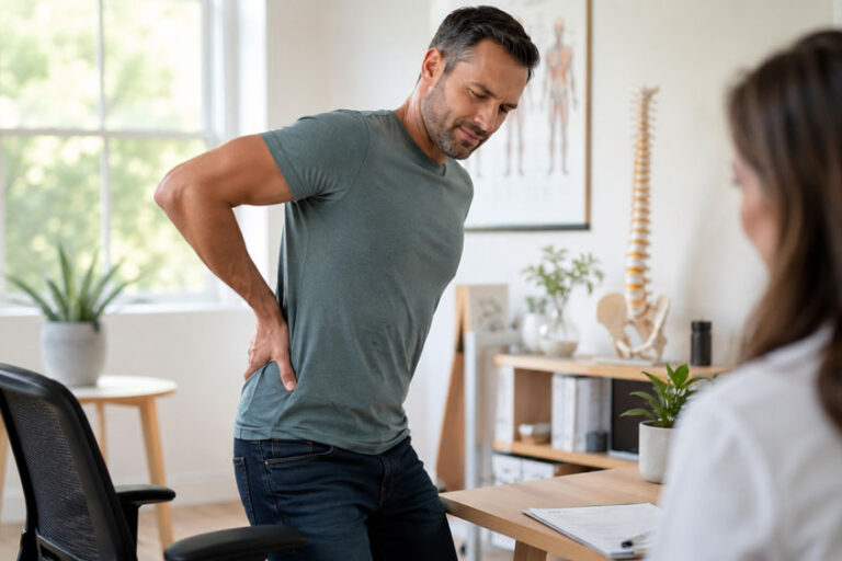 Patient with back pain after sitting speaking with a wellness provider in Glenelg MD