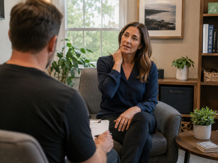 Patient discussing back and neck pain evaluation with a wellness provider in Glenelg MD