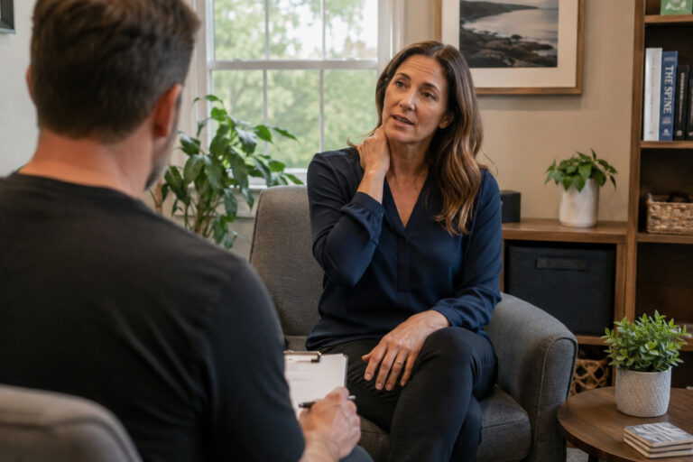 Patient discussing back and neck pain evaluation with a wellness provider in Glenelg MD
