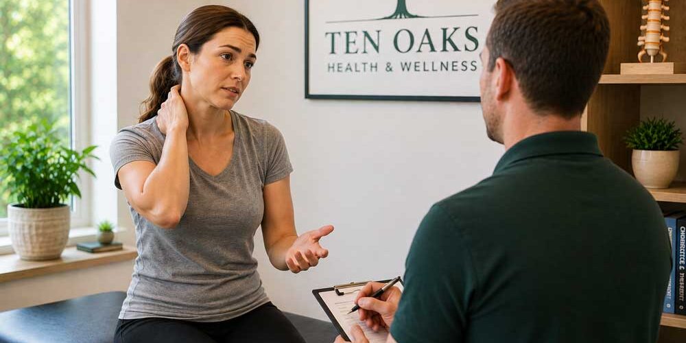 Patient-discussing-posture-stress-and-neck-pain-with-a-wellness-provider-in-Glenelg-MD Patient-discussing-posture-stress-and-neck-pain-with-a-wellness-provider-in-Glenelg-MD