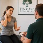 Patient-discussing-posture-stress-and-neck-pain-with-a-wellness-provider-in-Glenelg-MD