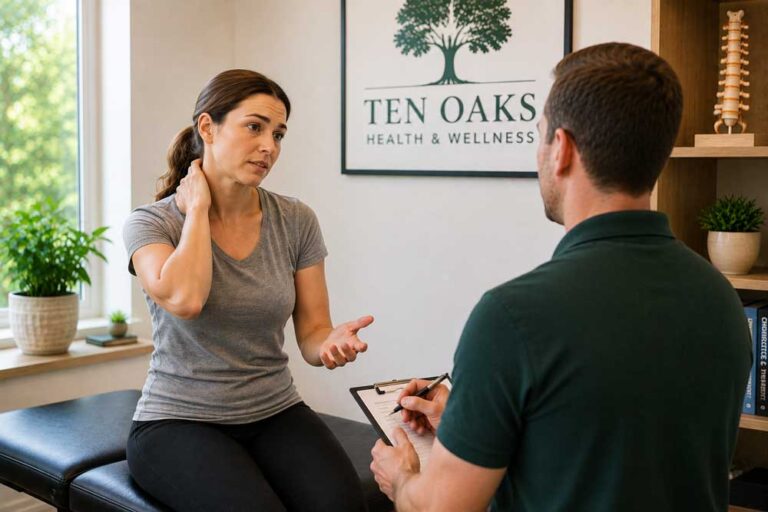 Patient-discussing-posture-stress-and-neck-pain-with-a-wellness-provider-in-Glenelg-MD