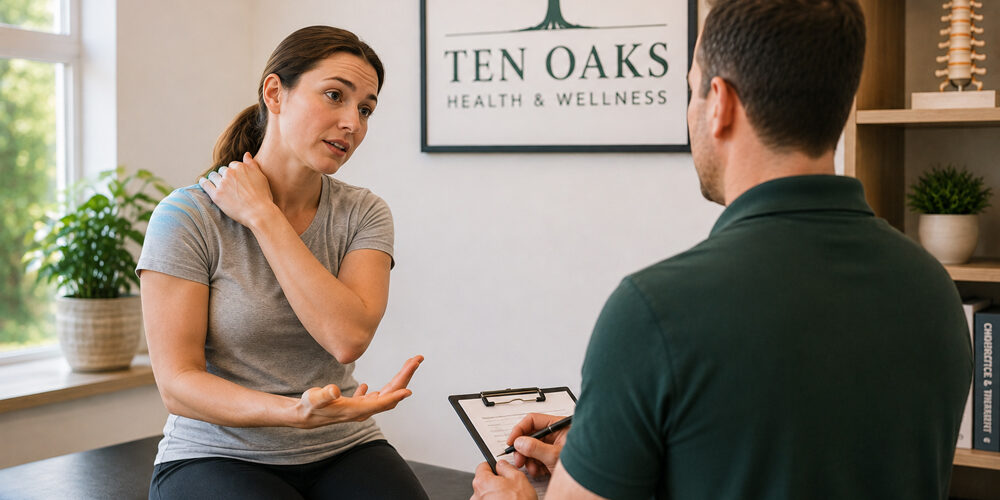Patient-discussing-recurring-muscle-tightness-with-a-wellness-provider-in-Glenelg-MD Patient discussing recurring muscle tightness with a wellness provider in Glenelg MD