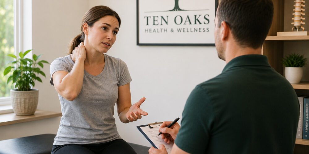 Patient-discussing-recurring-pain-with-a-wellness-provider-in-Glenelg-MD Patient discussing recurring pain with a wellness provider in Glenelg MD