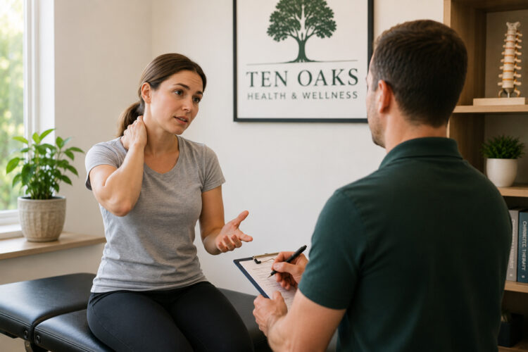 Patient discussing recurring pain with a wellness provider in Glenelg MD